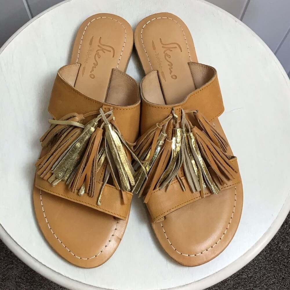 Skemo Bohéme Leather Tassel Slide Sandals Size 9 Tan Gold Boho Summer Chic